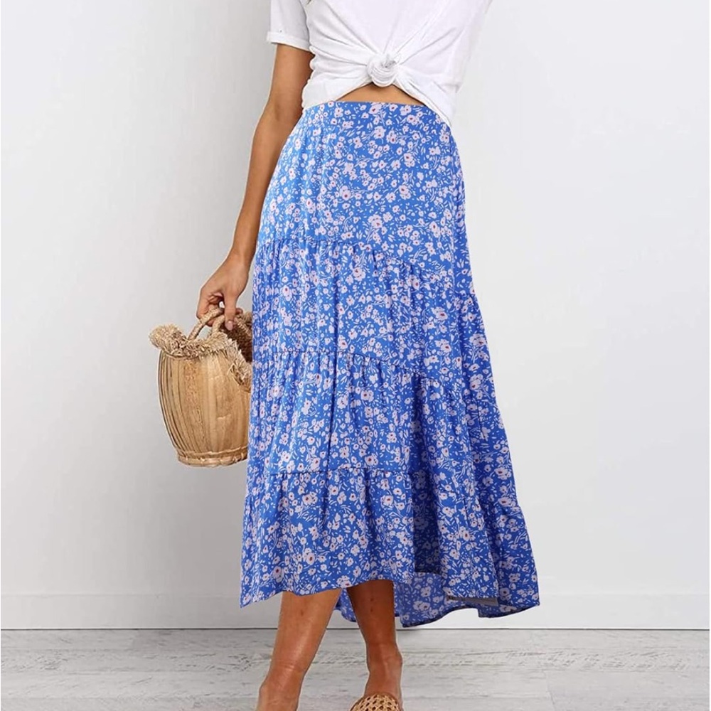 Floral Blue Tiered Midi Skirt High Low Hem